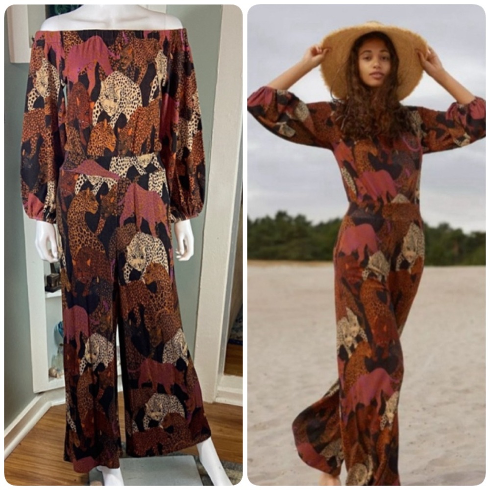 FARM Rio Animalia Miranda Big Cat Leopard Cheetah Off-Shoulder Jumpsuit wide Leg